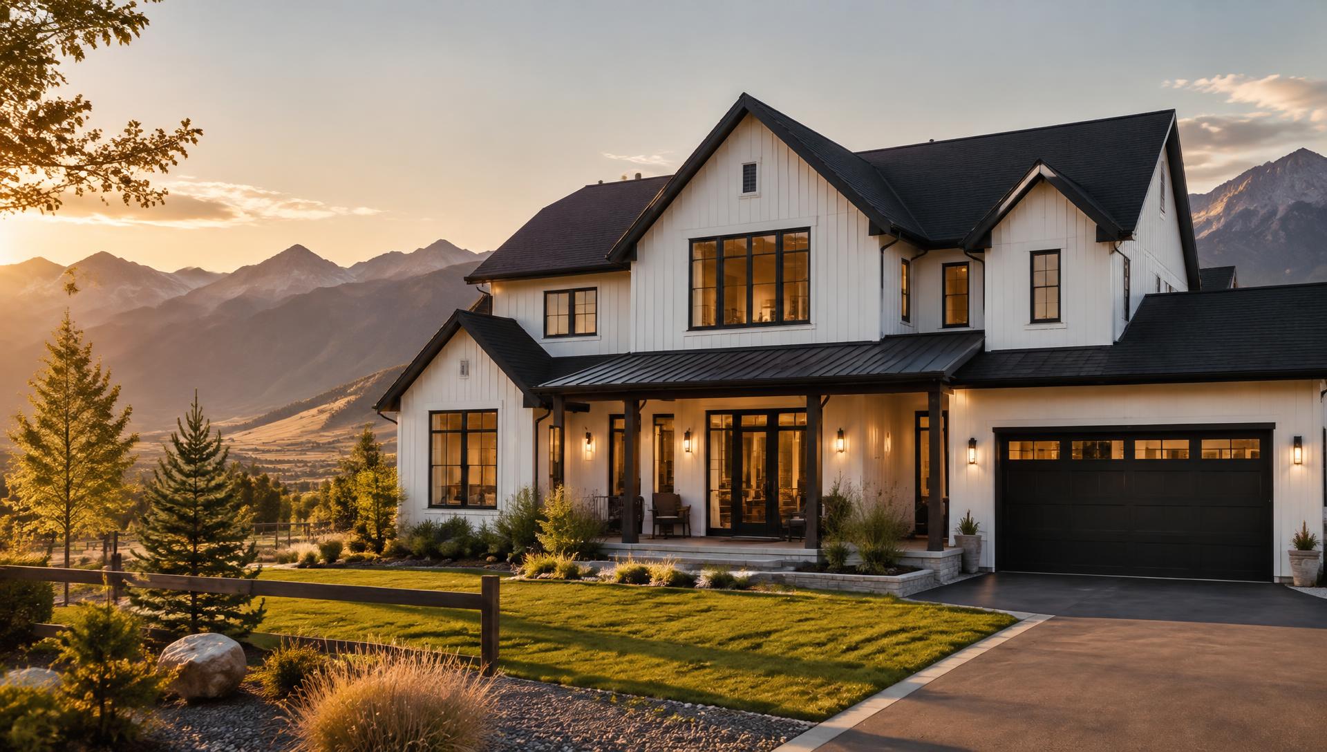 Freshly painted white farmhouse exterior at sunset with mountains behind (representative image)